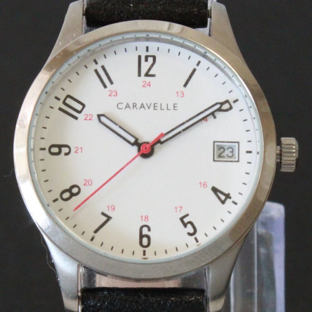 Caravelle Ladies Easy Reader By Bulova Black On White Dial Black Leather 30mm - Picture 9 of 10